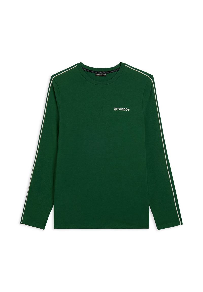 T-shirt verde a maniche lunghe realizzato in cotone, con colletto rotondo, strisce bianche sui lati e un piccolo logo bianco sul petto.