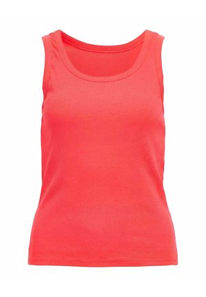 Sarkans piedurknēm nets ribots tops ar izgriezumu un pieguļošu formu, paredzēts ikdienas valkāšanai.