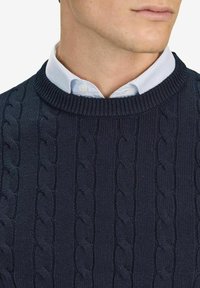Tummansininen cable-knit neule, jossa on ribattu pyöreä kaulus, päällä vaaleansininen kauluspaita, jossa on valkoisia striipejä.