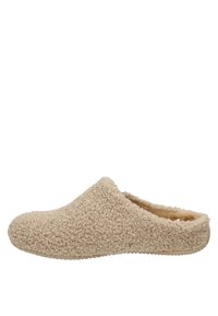 Beige pantoffel met een gestructureerd, fluffy oppervlak. Het open achterontwerp heeft een zachte binnenvoering en een gestructureerde rubberen zool voor grip.