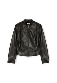 Black leather jacket with a high collar, front zip closure, fitted design, and subtle panel detailing on the sleeves and body.