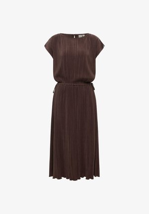 Bruine geplooide midi-jurk met korte mouwen, getailleerde elastische taille en ronde halslijn met een keyhole-knopsluiting aan de achterkant.