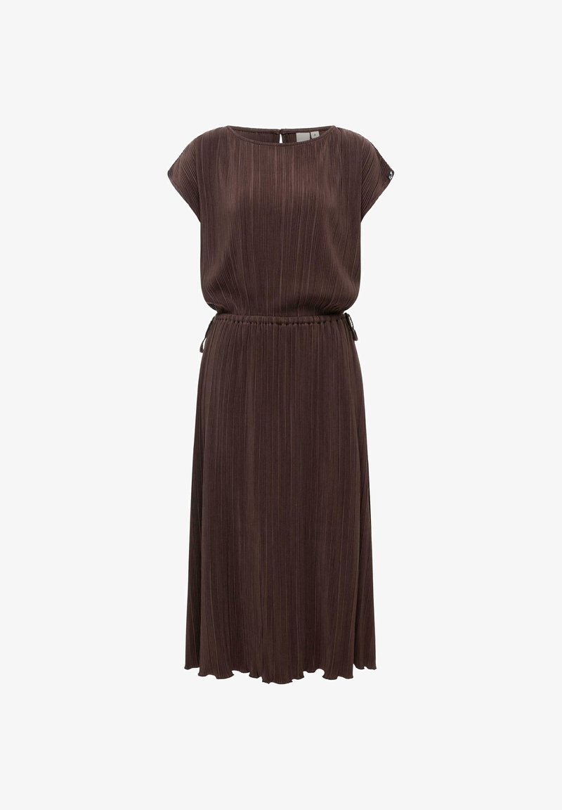 Bruine geplooide midi-jurk met korte mouwen, getailleerde elastische taille en ronde halslijn met een keyhole-knopsluiting aan de achterkant.