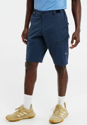 Marineblauwe cargoshorts met een ritszak, gestructureerde pasvorm en een platte voorkant. Gemaakt van lichtgewicht stof, met een geborduurd logo detail.