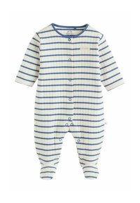 Body pentru bebeluși cu dungi din bumbac moale, având benzi orizontale alternante navy și albe, mâneci lungi și nasturi tip capse în față.