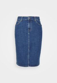 Denimkjol i mörkblått, knälång, med rak skärning. Har en frontknäppning, bältesöglor och två framfickor.