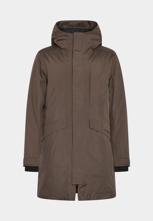 Brun vandtæt parka med hætte, lynlåslukning, to forlommer, elastiske manchetter og lige snit. Glat tekstur, minimalistisk design.