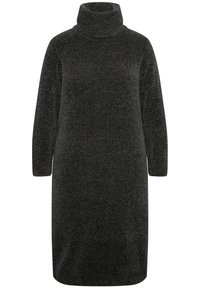 Robe pull noire à col montant, à manches longues, avec une coupe décontractée et des accents côtelés au niveau du col et de l'ourlet. Texture douce et design minimaliste.