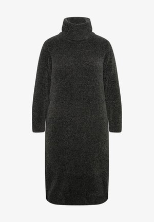 Zwarte gebreide coltrui jurk met lange mouwen, een losse pasvorm en ribgebreide accenten bij de kraag en onderkant. Zachte textuur en minimalistisch design.