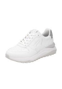White athletic shoe made of synthetic material, featuring perforated toe box, textured accents, padded collar, and a rubber sole with traction.