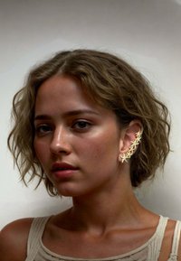 Gold-tone starfish-shaped earring with intricate detailing, worn on a model's ear. Natural, wavy hair frames the face. Soft skin tones.