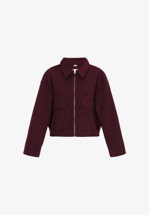 Veste court bourgogne en tissu doux, avec une fermeture éclair à l'avant, un col pointu et deux poches avant. Manches longues avec une coupe décontractée.