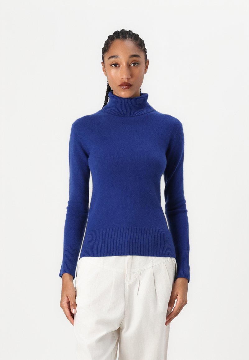 Pull à col roulé bleu en matière douce, avec un ourlet et des poignets côtelés. Design ajusté avec des manches longues, texture lisse.