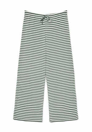 Vide bukser med horisontale mørkegrønne og hvite striper og snøring i livet på hvit bakgrunn.