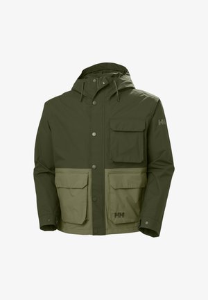 Zielona wodoodporna kurtka z kapturem, jasnozielona dolna część, dwa przednie kieszenie i subtelne logo na rękawie. Posiada zatrzaski.