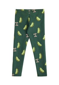 Grønne leggings med et altoverskudPrint af ærter i bælg og teksten "PEAS & LOVE" i pink, lavet af blødt, strækbart stof.