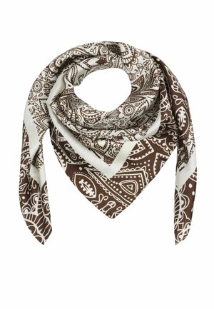Brown and white bandana with intricate paisley and floral patterns folded into a triangle with ends hanging down.