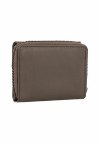 Brown leather wallet with a textured surface and zipper closure. Compact rectangular shape with reinforced stitching along edges.