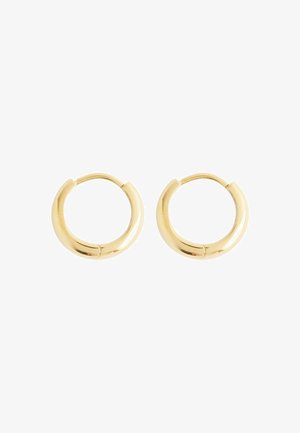 Pendientes de aro en tono dorado con una superficie lisa y pulida. Forma circular con un cierre de bisagra sin costuras. Diseño minimalista y tamaño mediano.