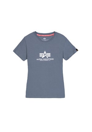 T-shirt in cotone grigio a maniche corte, con colletto tondo e logo bianco "ALPHA INDUSTRIES" stampato sul davanti. Presenta un colletto interno a contrasto.