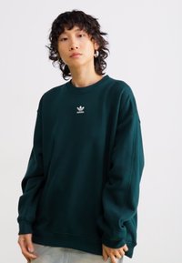 Une personne avec des cheveux bouclés porte un sweat à capuche Adidas vert foncé et un pantalon clair, se tenant devant un fond blanc uni.