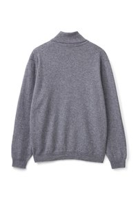 Maglione grigio con colletto alto, maniche lunghe e polsini e bordo a coste. Texture morbida, design minimal e senza loghi o motivi visibili.