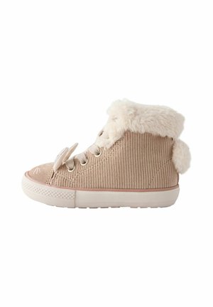 Beige Cord-Walkschuhe mit hohem Schaft und einem flauschigen Kunstfellkragen, runder Spitze, dekorativem Bogen und strukturiertem weißen Gummisohle.