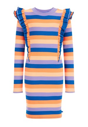 Langærmet kjole til knæet med vandrette striber i orange, blå og lilla, med lodrette flæser langs frontens skuldre.