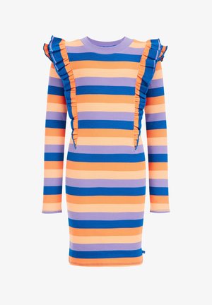 Langærmet kjole til knæet med vandrette striber i orange, blå og lilla, med lodrette flæser langs frontens skuldre.
