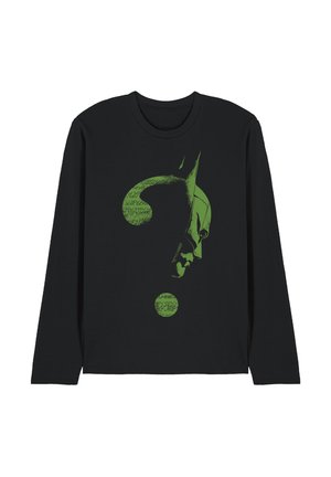 Black long-sleeve shirt with a green question mark featuring a side profile of Batman's face inside the upper curve and dot of the question mark.