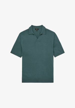 Polo majica kratkih rukava v globoki teal barvi, narejena iz gladkega materiala, z ovratnikom v obliki črke V in ravnim robom na dnu.