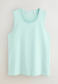 Débardeur bleu clair sans manches avec un col rond et une étiquette de marque à l'intérieur du col.