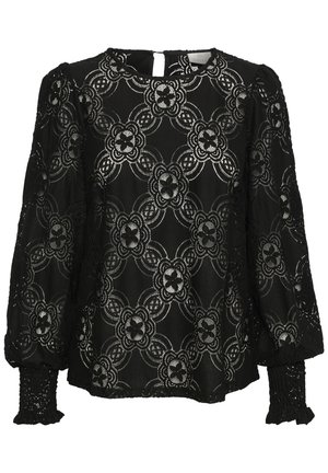 Mustapitsinen pitsipaita, jossa on kukkakuviot, palloselkä hihat smokkikääntöineen ja avainreikätakki. Herkkä brodeeraus tuo yksityiskohtia.