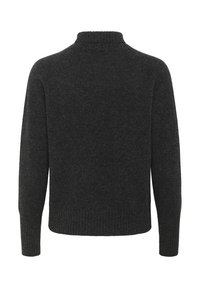 Tumši pelēks džemperis ar augstu apkakli, ribinātām piedurknēm un apakšmalu. Izgatavots no mīksta, teksturēta auduma. Attēlots skats no aizmugures.