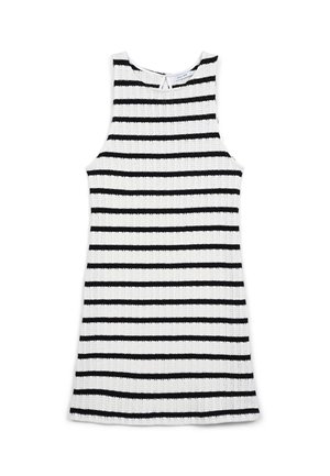 Abito senza spalline, di lunghezza al ginocchio, con una texture a coste che presenta strisce orizzontali alternate in bianco e nero. Semplice design con chiusura a chiave nella parte posteriore.