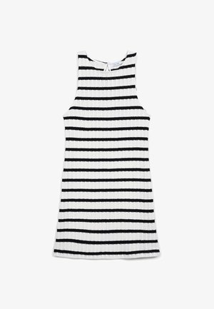 Trägerloses, knielanges Kleid mit gerippter Struktur, das abwechselnd schwarze und weiße horizontale Streifen aufweist. Einfaches Schlüssel-Ausschnitt-Design hinten.