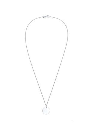 Zilveren ketting met een eenvoudige ronde hanger. De ketting heeft een boxontwerp; de hanger is glad en onversierd.