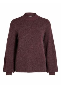 Vínový svetr s límcem ve vysokém střihu, vyrobený z měkké, texturované pleteniny. Má vysoký límec a spadlá ramena pro uvolněný střih. Žebrované manžety a lem.