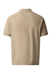 Beiges kurzärmeliges Poloshirt mit Kragen, Rückansicht, schlichtes Design, glatte Stoffstruktur.