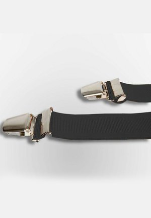 Bretelles noires à texture nervurée, dotées de clips métalliques argentés pour l'attache et le réglage, positionnées en diagonale.