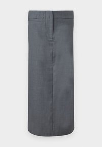 Jupe crayon grise en tissu tissé, avec une texture lisse, des poches arrière, et une silhouette droite avec une légère brillance.