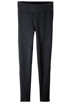 Leggings neri con un ampio cinturino, forma aderente e tessuto testurizzato con dettagli di cuciture diagonali lungo i lati.