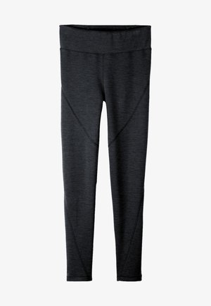 Leggings negros con una cinturilla ancha, forma ajustada y tejido texturizado con detalles de costura diagonal a lo largo de los lados.