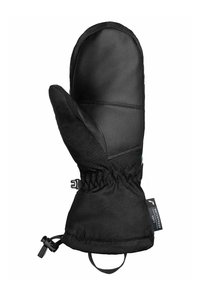 Schwarze wasserdichte Handschuh aus Leder und Stoff. Verfügt über einen gerippten Bund, ein elastisches Handgelenk und verstärkte Bereiche für erhöhte Haltbarkeit.