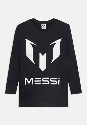 Must pikkade varrukatega särk, millel on esiküljel suur valge stiliseeritud "M" logo ja selle all trükitud tekst "MESSI".