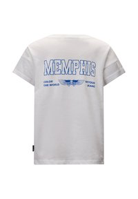 Biała bawełniana koszulka z niebieskim nadrukiem tekstu "MEMPHIS" oraz "COLOR THE WORLD RETOUR JEANS" z grafiką skrzydeł z tyłu.