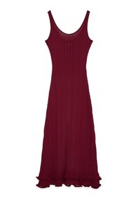 Burgunderfarbenes geripptes Strickkleid mit U-Ausschnitt, figurbetonter Silhouette und Rüschensaum. Das dehnbare Material sorgt für Komfort und Flexibilität.