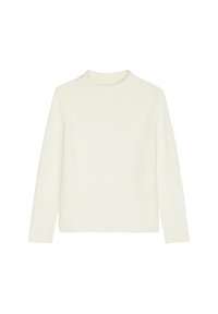 Maglione a collo alto di colore crema chiaro, realizzato in morbido materiale a maglia, caratterizzato da maniche lunghe e un design semplice e classico senza motivi o dettagli.