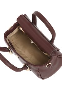 Borsa a mano in pelle bordeaux con finitura strutturata, dettagli in hardware dorato e due manici superiori. Interno foderato in tessuto beige.