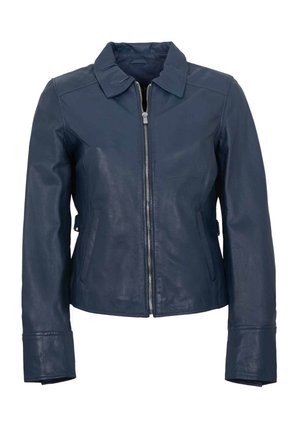 Navy blue leather jacket with front zipper, straight collar, long sleeves, and side pockets.